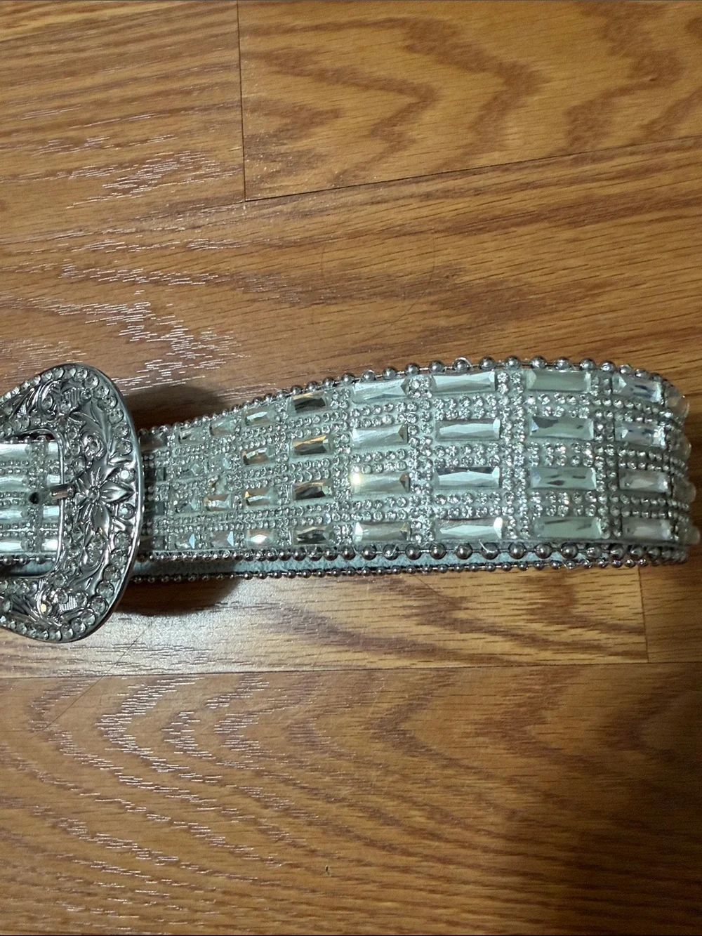 Buckle Women's Genuine Leather Metallic Belt Silver Rhinestone Embellished